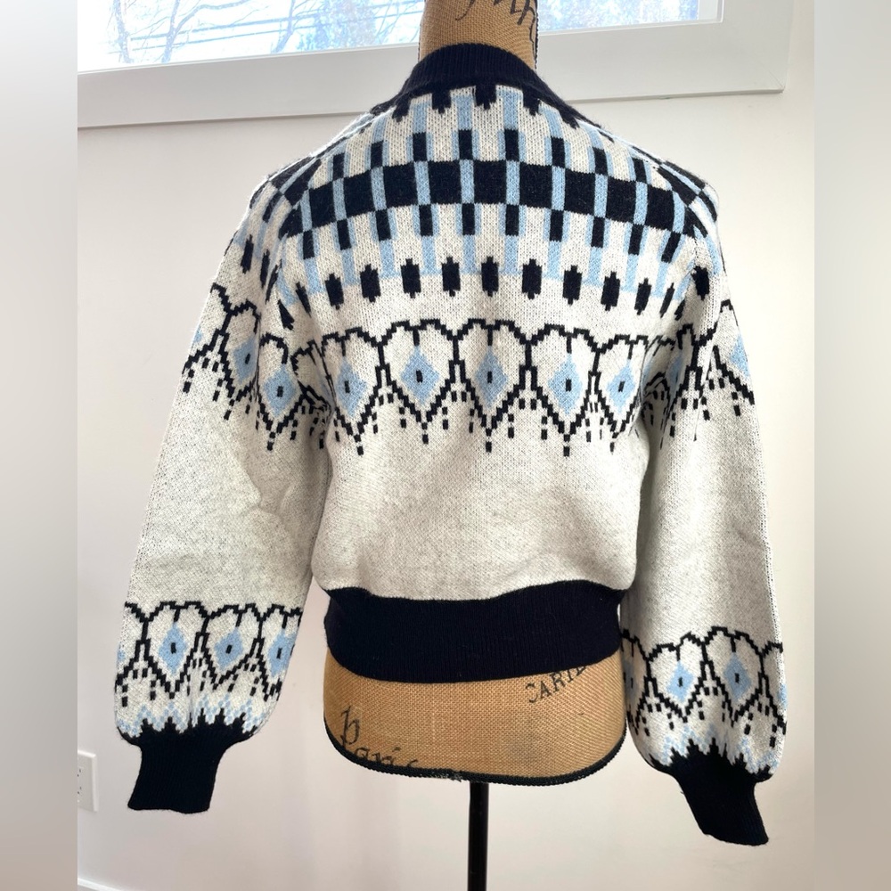 Fair Isle Scandi Pullover Sweater, Pretty Balloon Sleeve, Ivory Blue Black Heart - Picture 9 of 14